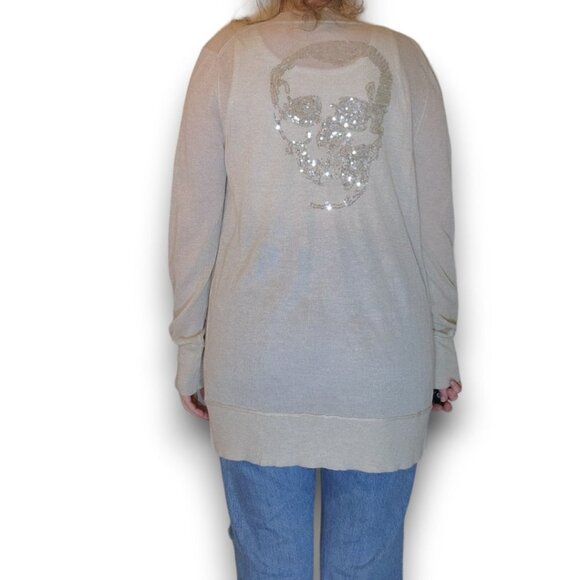360SWEATER Sequin Skull Cardigan Cream Silver V neck Long Sleeve Women Size M - Picture 3 of 9